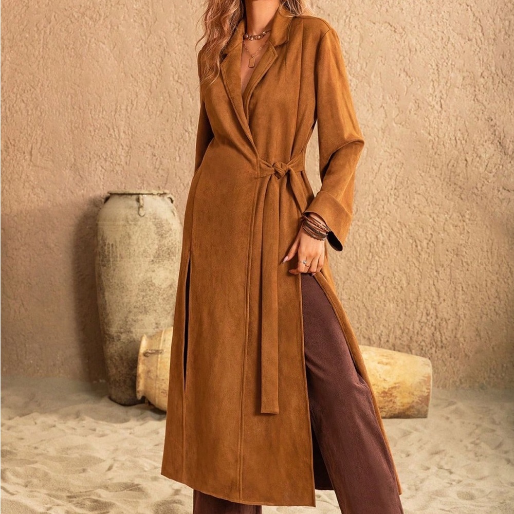 Slit Tied Collared Neck Longline Coat - Picture 2 of 8